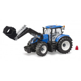 Tractor de juguete New Holland T7.315 de Bruder a escala 1:16 con pala cargadora frontal.