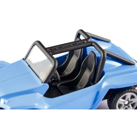 Buggy de juguete miniatura fabricado en metal y plástico resistente con enganche para acoplamiento.