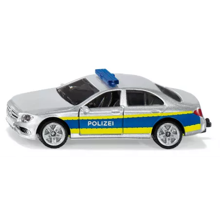 Juguete de patrulla de policía de metal y plástico con puertas que se abren y enganche para acoplar.