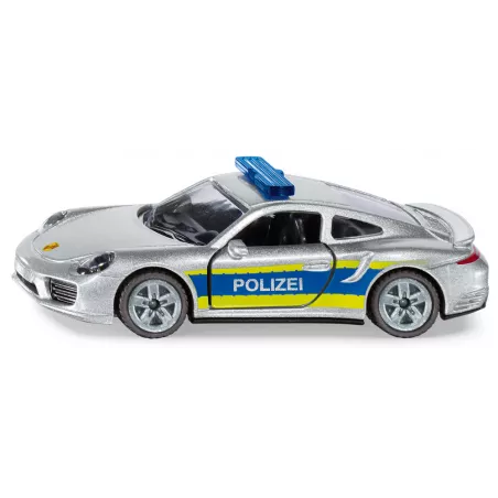 Coche de policía de juguete Porsche 911 de metal y plástico con puertas que se abren.