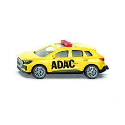 Coche de juguete Audi Q4 e-tron ADAC Pannenhilfe de Siku en metal amarillo con enganche de remolque.
