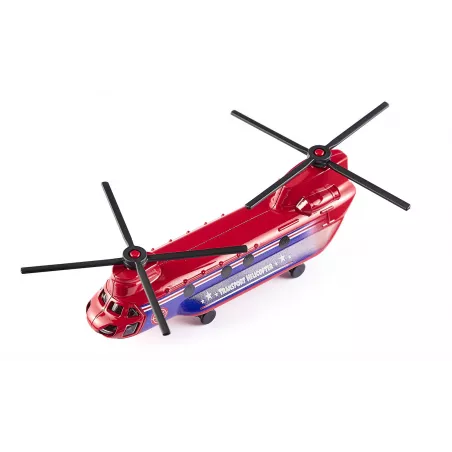 Helicóptero de transporte de juguete detallado con piezas de metal y plástico resistente.