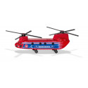 Helicóptero de transporte de juguete detallado con piezas de metal y plástico resistente.