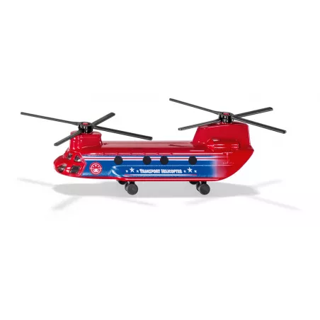 Helicóptero de transporte de juguete detallado con piezas de metal y plástico resistente.