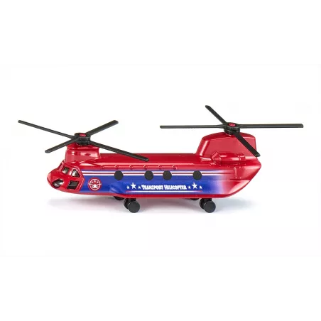 Helicóptero de transporte de juguete detallado con piezas de metal y plástico resistente.