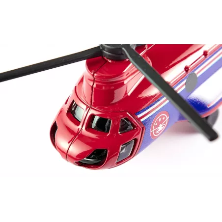 Helicóptero de transporte de juguete detallado con piezas de metal y plástico resistente.