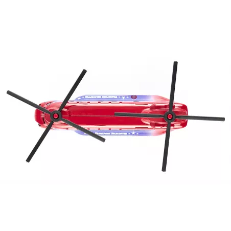 Helicóptero de transporte de juguete detallado con piezas de metal y plástico resistente.