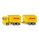 Camión de juguete DHL amarillo con remolque acoplable de metal y plástico