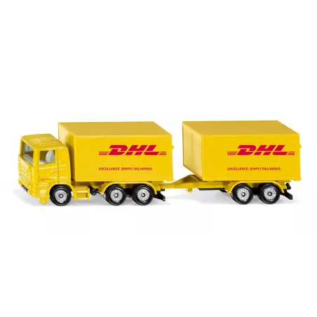 Camión de juguete DHL amarillo con remolque acoplable de metal y plástico
