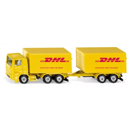 Camión de juguete DHL amarillo con remolque acoplable de metal y plástico