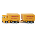 Camión de juguete DHL amarillo con remolque acoplable de metal y plástico