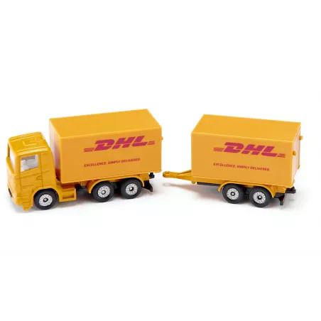 Camión de juguete DHL amarillo con remolque acoplable de metal y plástico