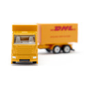 Camión de juguete DHL amarillo con remolque acoplable de metal y plástico