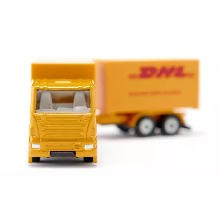 Camión de juguete DHL amarillo con remolque acoplable de metal y plástico