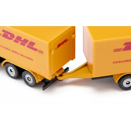 Camión de juguete DHL amarillo con remolque acoplable de metal y plástico