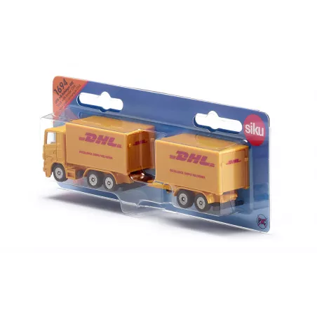 Camión de juguete DHL amarillo con remolque acoplable de metal y plástico