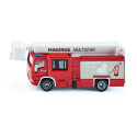 Camión de bomberos de juguete Magirus Multistar TLF en metal y plástico con patas de apoyo.