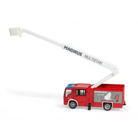 Camión de bomberos de juguete Magirus Multistar TLF en metal y plástico con patas de apoyo.