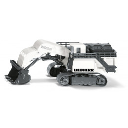 Excavadora de juguete Liebherr R9800 de metal con pala y brazo móviles y chasis de orugas.