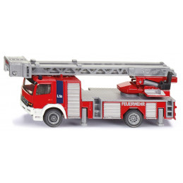 Camión de bomberos de juguete a escala 1:87 en metal y plástico con pies de apoyo detallados.