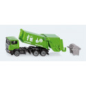 Camión de basura de juguete a escala 1:87 en metal y plástico con tolva inclinable.
