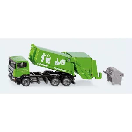 Camión de basura de juguete a escala 1:87 en metal y plástico con tolva inclinable.