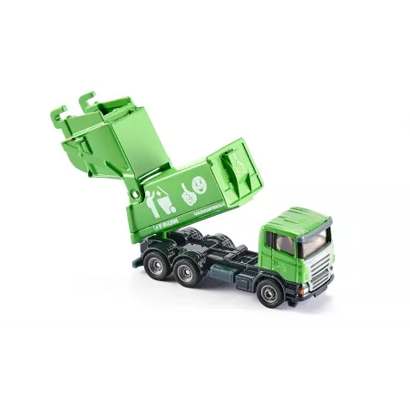 Camión de basura de juguete a escala 1:87 en metal y plástico con tolva inclinable.