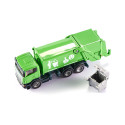 Camión de basura de juguete a escala 1:87 en metal y plástico con tolva inclinable.