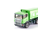 Camión de basura de juguete a escala 1:87 en metal y plástico con tolva inclinable.