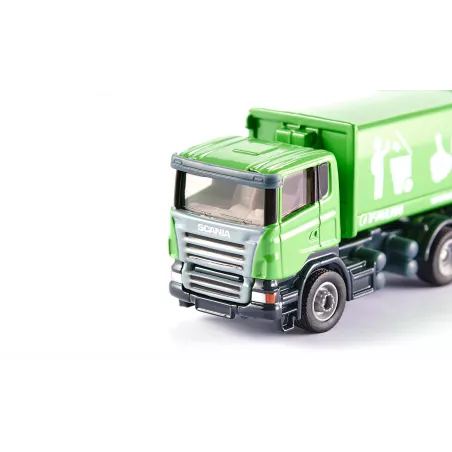 Camión de basura de juguete a escala 1:87 en metal y plástico con tolva inclinable.