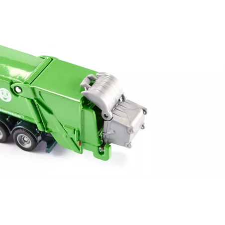 Camión de basura de juguete a escala 1:87 en metal y plástico con tolva inclinable.