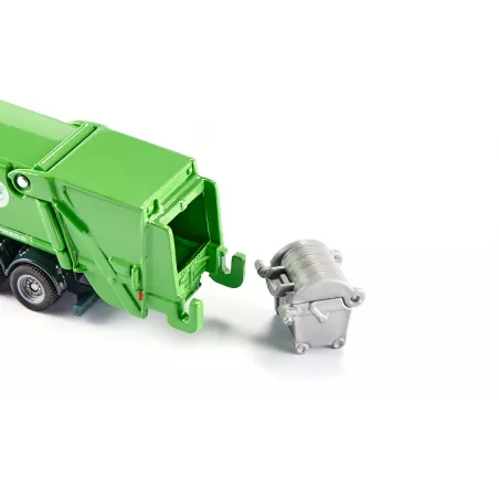 Camión de basura de juguete a escala 1:87 en metal y plástico con tolva inclinable.