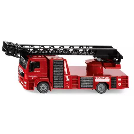 Camión de bomberos de juguete MAN SIKU escala 1:50 con escalera telescópica giratoria.
