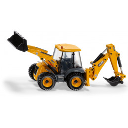 Juguete retroexcavadora JCB 4CX a escala 1:50 con pala y brazo móvil de metal y plástico.