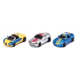 Tres coches de juguete Siku: Bugatti Veyron, Mercedes McLaren SLR y Dodge Viper de metal.