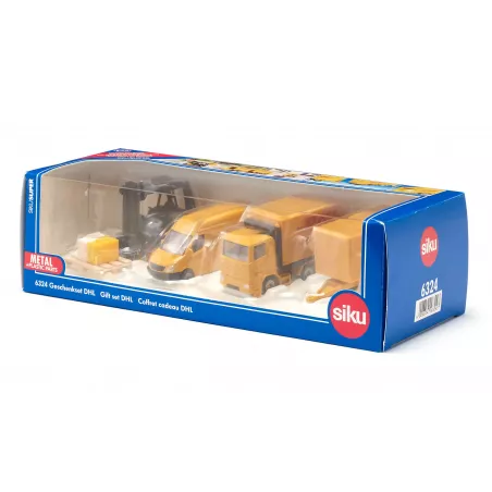 Set de regalo de logística DHL con vehículos de juguete de metal y plástico detallados.