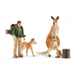 Set de juguete Schleich Aventura en el desierto australiano con figuras de canguros, dingo y guardabosques Tom.