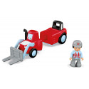 Juguete de granja Willy Worky con tractor cargador modular, figura articulada de granjero y accesorios de juego.
