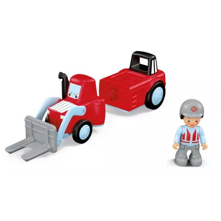 Juguete de granja Willy Worky con tractor cargador modular, figura articulada de granjero y accesorios de juego.