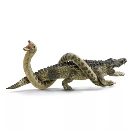 Set Peligro en el pantano de Schleich con figuras de juguete de caimán y anaconda en la selva.