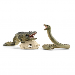 Set Peligro en el pantano de Schleich con figuras de juguete de caimán y anaconda en la selva.