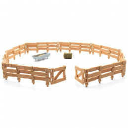 Corral de juguete de rancho occidental detallado para caballos y animales de granja.