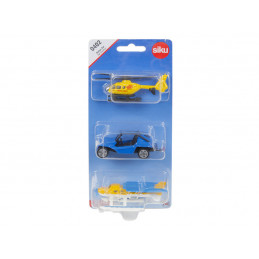 Set de 3 vehículos SIKU: helicóptero Eurocopter EC 135, buggy HAZ y avión Cessna Skyhawk.