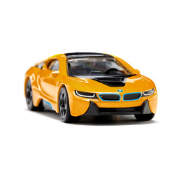 Modelo a escala Siku del deportivo BMW i8 en color amarillo dorado, fabricado en metal y plástico.
