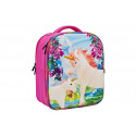 Mochila infantil de unicornios en 3D con dos figuras de juguete y folleto coleccionable.