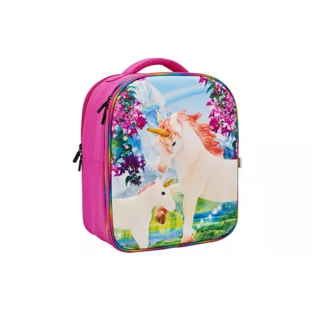 Mochila infantil de unicornios en 3D con dos figuras de juguete y folleto coleccionable.