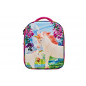 Mochila infantil de unicornios en 3D con dos figuras de juguete y folleto coleccionable.