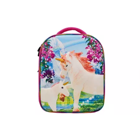 Mochila infantil de unicornios en 3D con dos figuras de juguete y folleto coleccionable.