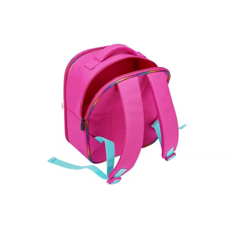 Mochila infantil de unicornios en 3D con dos figuras de juguete y folleto coleccionable.