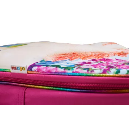 Mochila infantil de unicornios en 3D con dos figuras de juguete y folleto coleccionable.